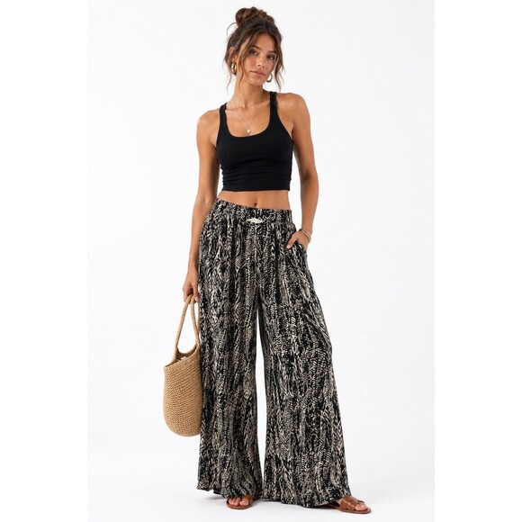 Stitch + Feather Pants - Stitch + Feather Black Cream Abstract Print Wide Leg Palazzo Pants Size L